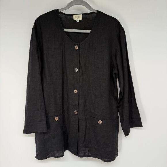 Kathleen Sommers Shirt Womens S Black Linen Button Front Pocket USA Minimalist - Picture 1 of 9